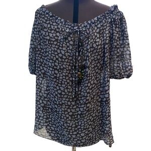 Moda International Womens Sheer Blue/Black Beaded Blouse Sz L V-Neck Puff Sleeve